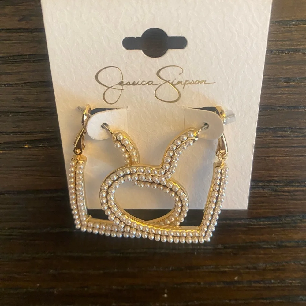 NEW Jessica Simpson gold pearl heart earrings